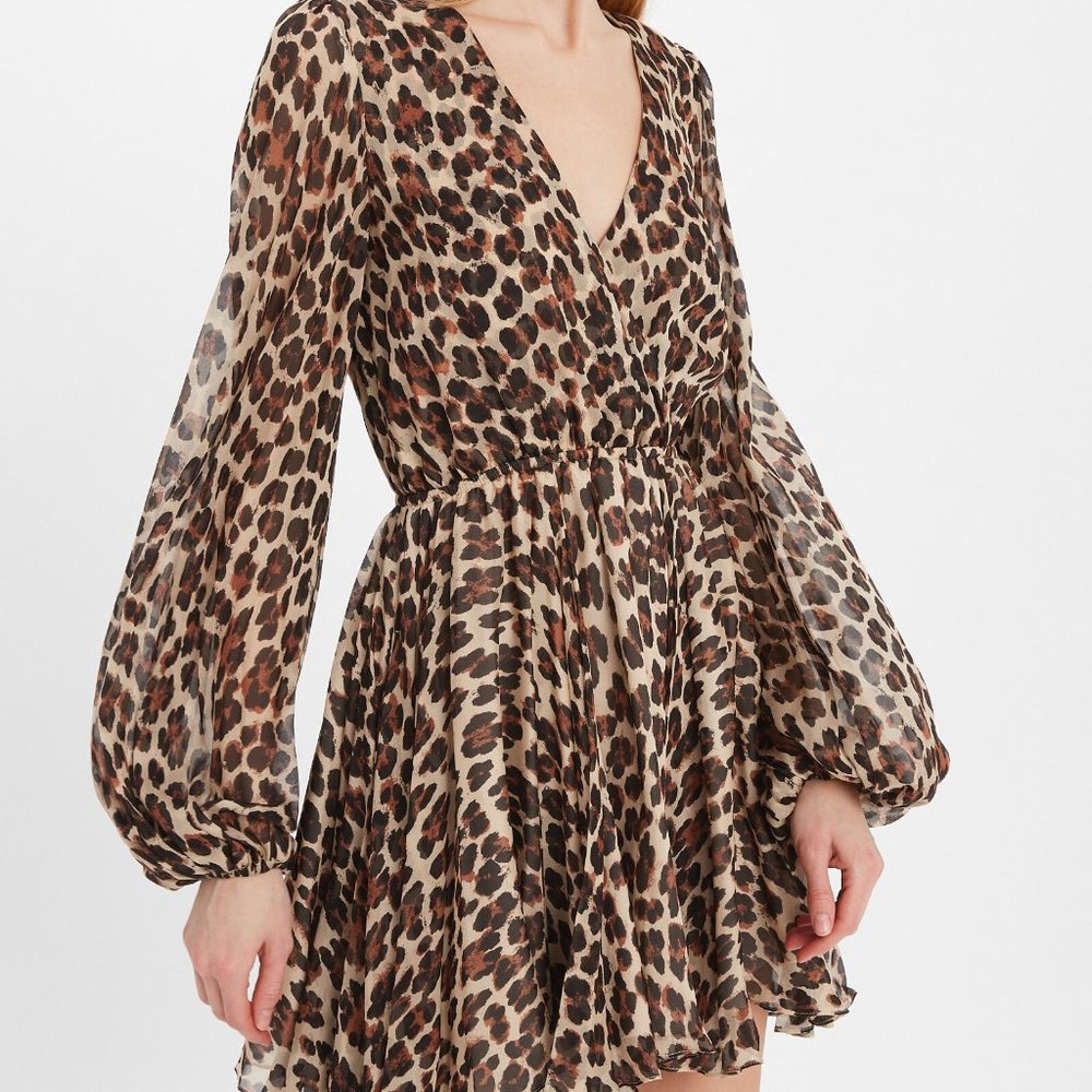 CAROLINE COSTAS Olena Silk Leopard Print Balloon Sleeve Mini Dress Large